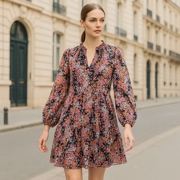 💙 Vince Camuto Tiered Ruffle Dress Floral Boho Lined Long Sleeve Oversized - Picture 1 of 10